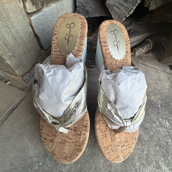 JS Jessica Simpson Tania Gold Metallic cork wedge platform sandals NWOBSz-8.5. M - Picture 7 of 8